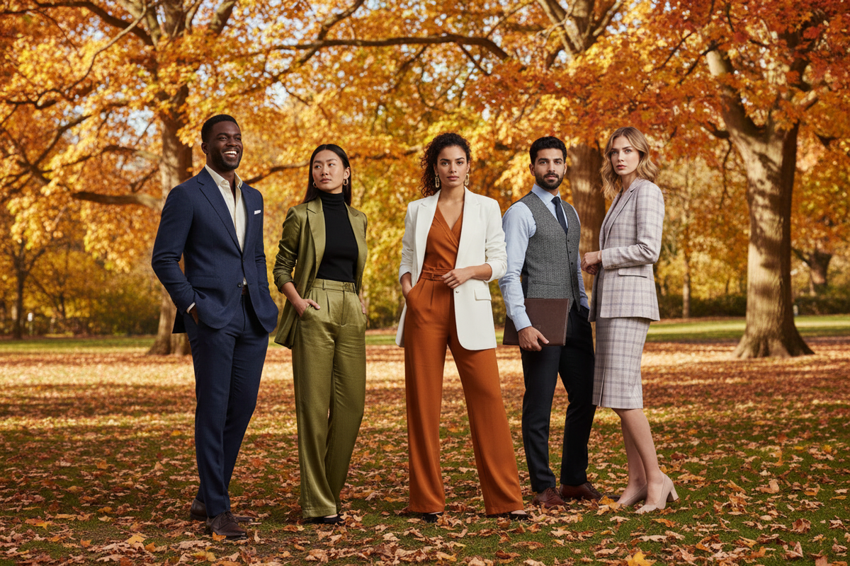 Diverse fashion editorial with fall background