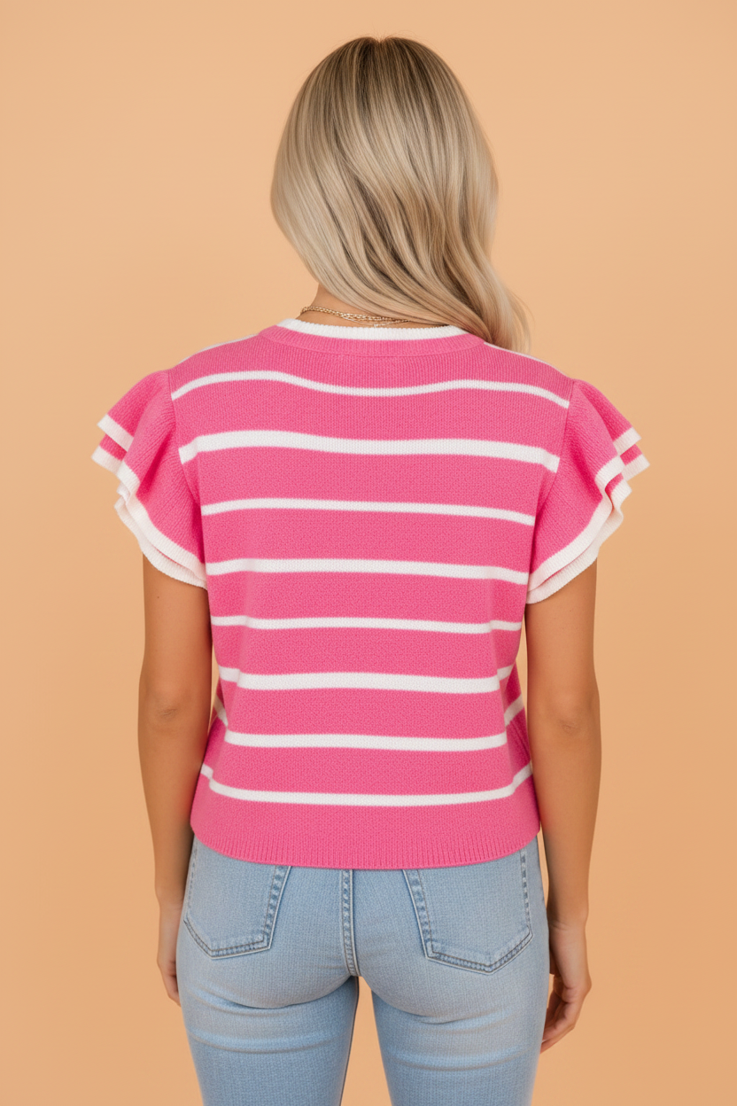 Stripe Ruffle Short Sleeve Knit Sweater