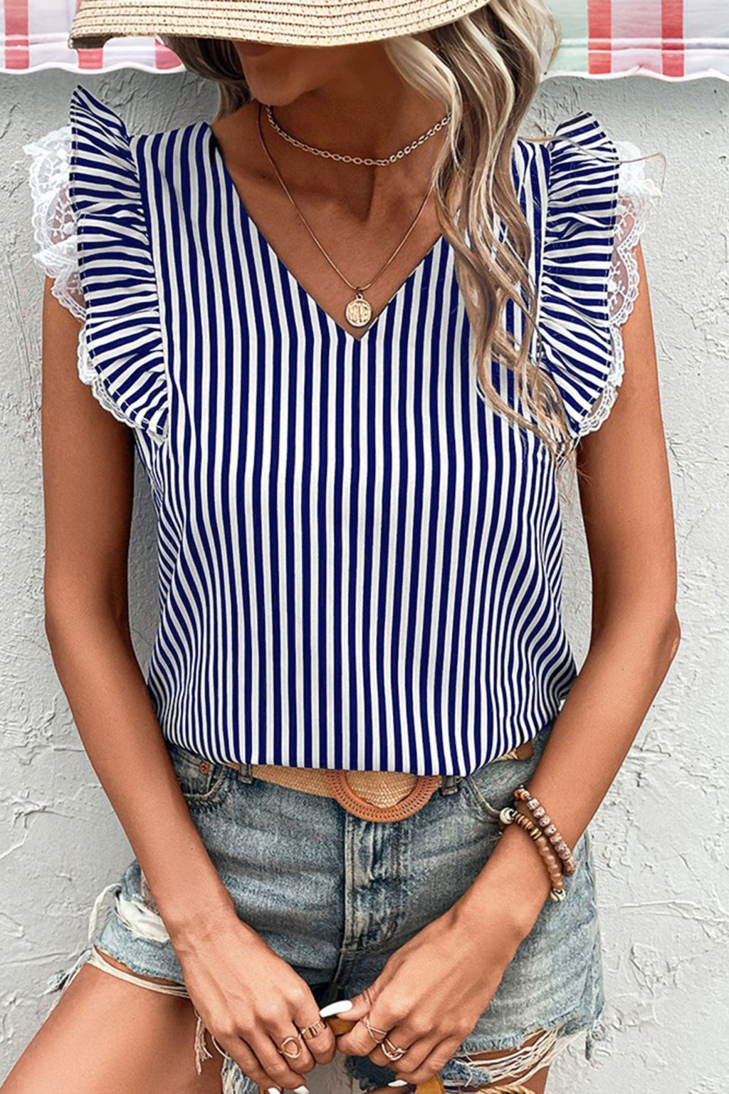 Stripe Lace Ruffle Trim V-Neck Tank Top
