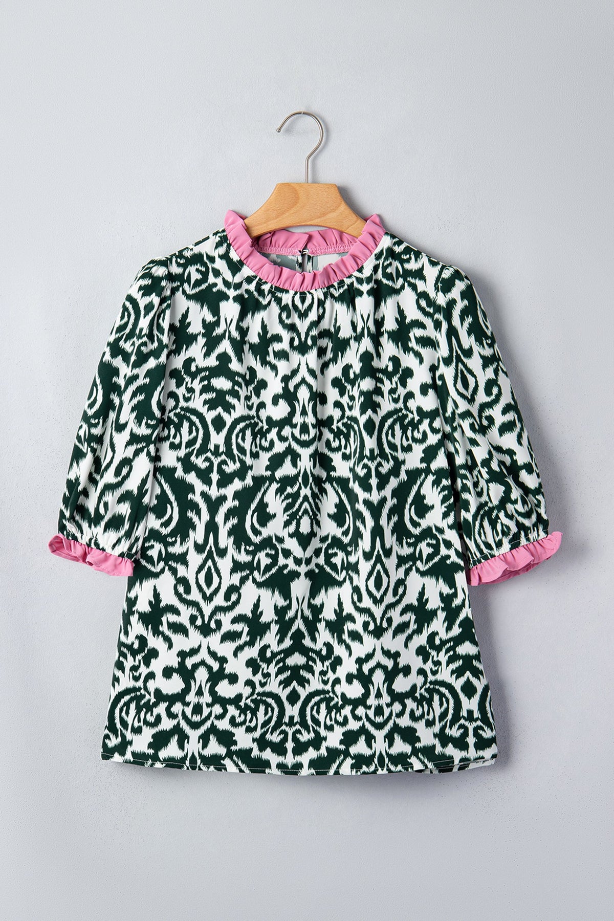 Damask Colorblock Ruffle Trim Short Sleeve Blouse
