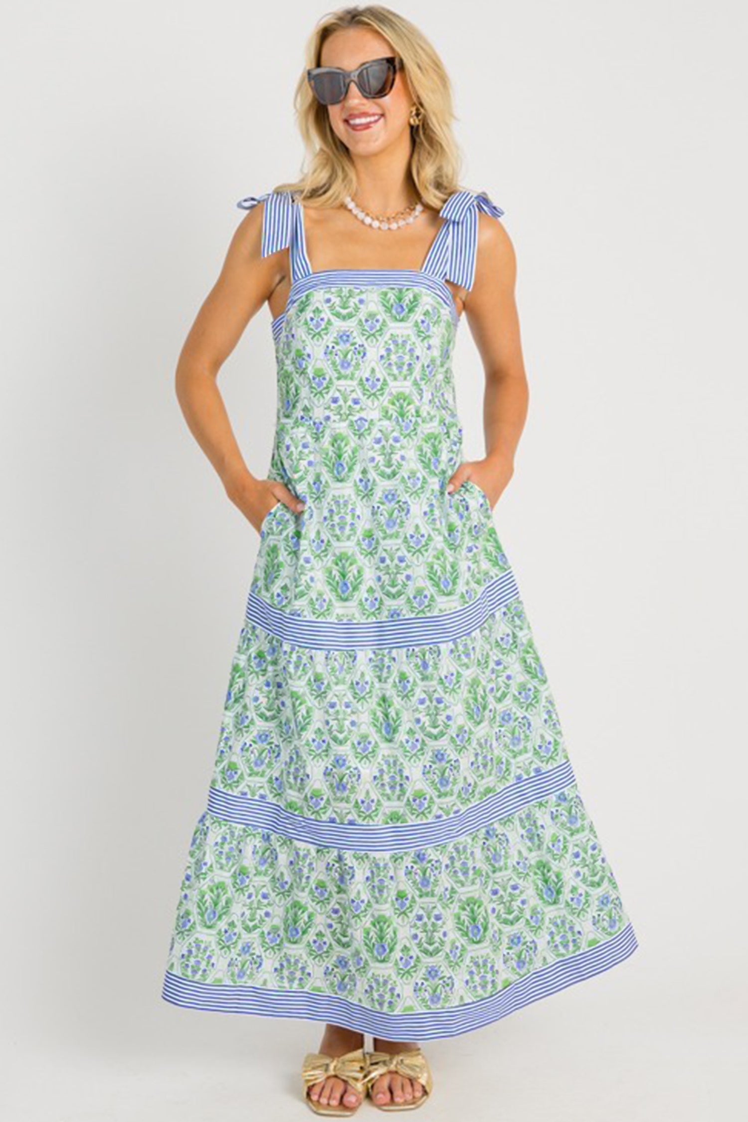 Floral Geometric Stripe Patchwork Sleeveless Dress