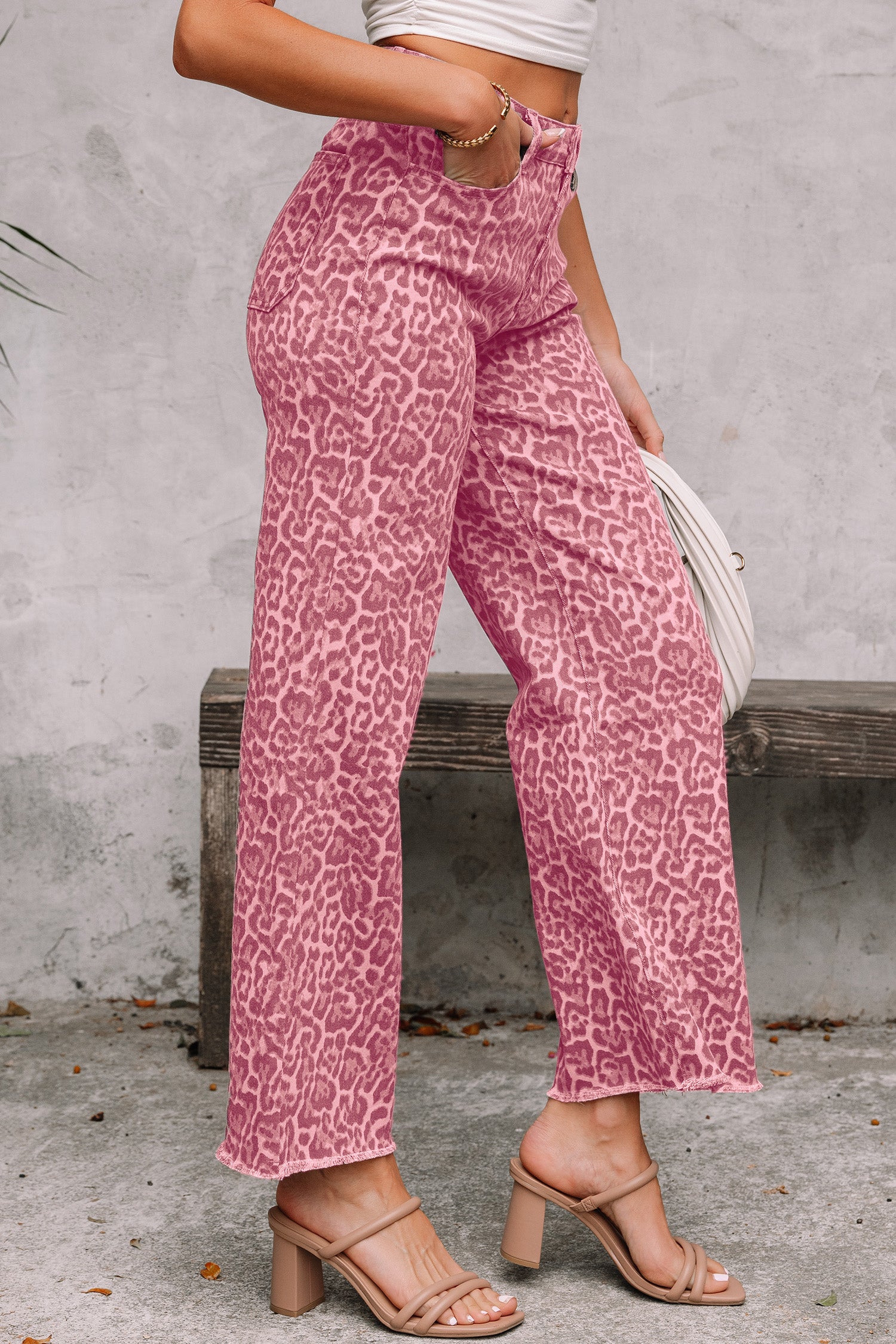 Rose Leopard Frayed Edge Wide Leg High Waist Jeans