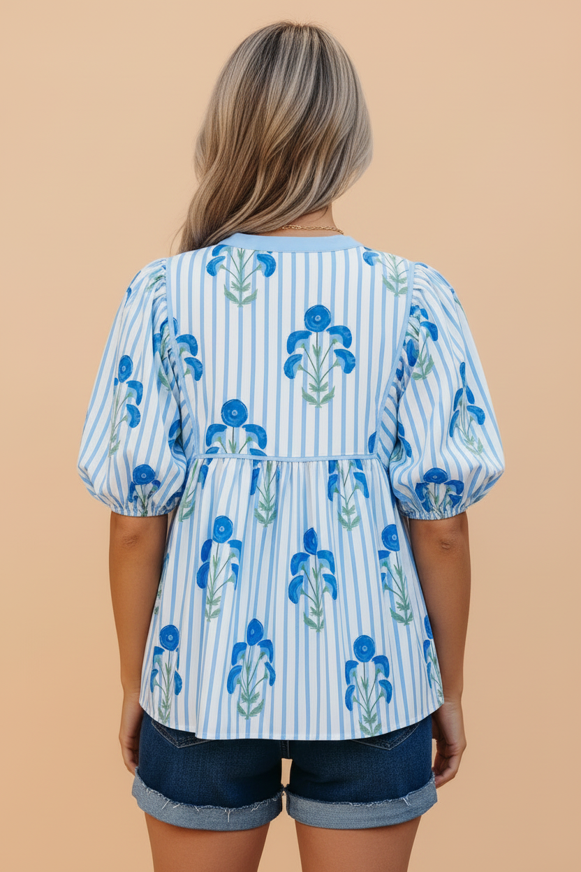 Floral Tie Neck Puff Sleeve Blouse