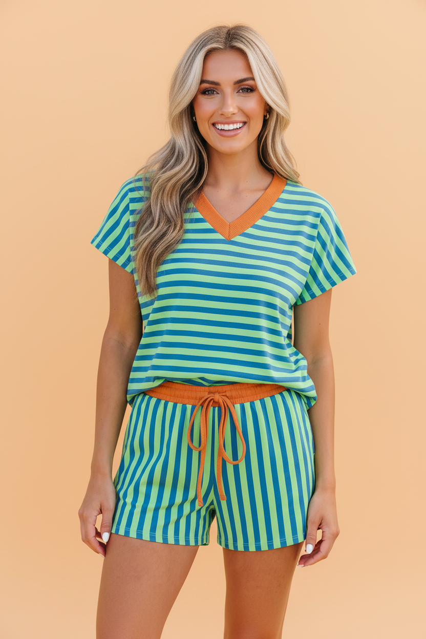 Stripe Colorblock V-Neck Tee & Drawstring Short Set