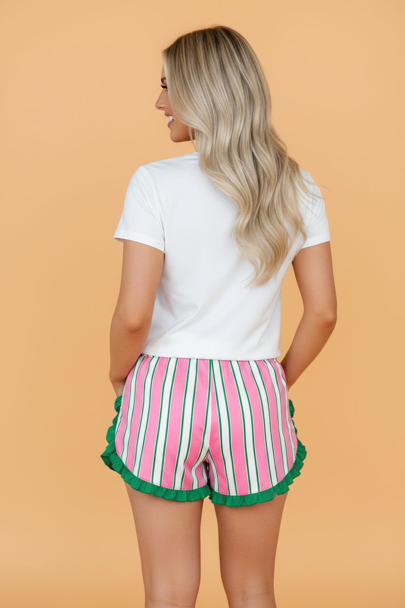 Stripe Contrast Ruffle Trim Drawstring Shorts