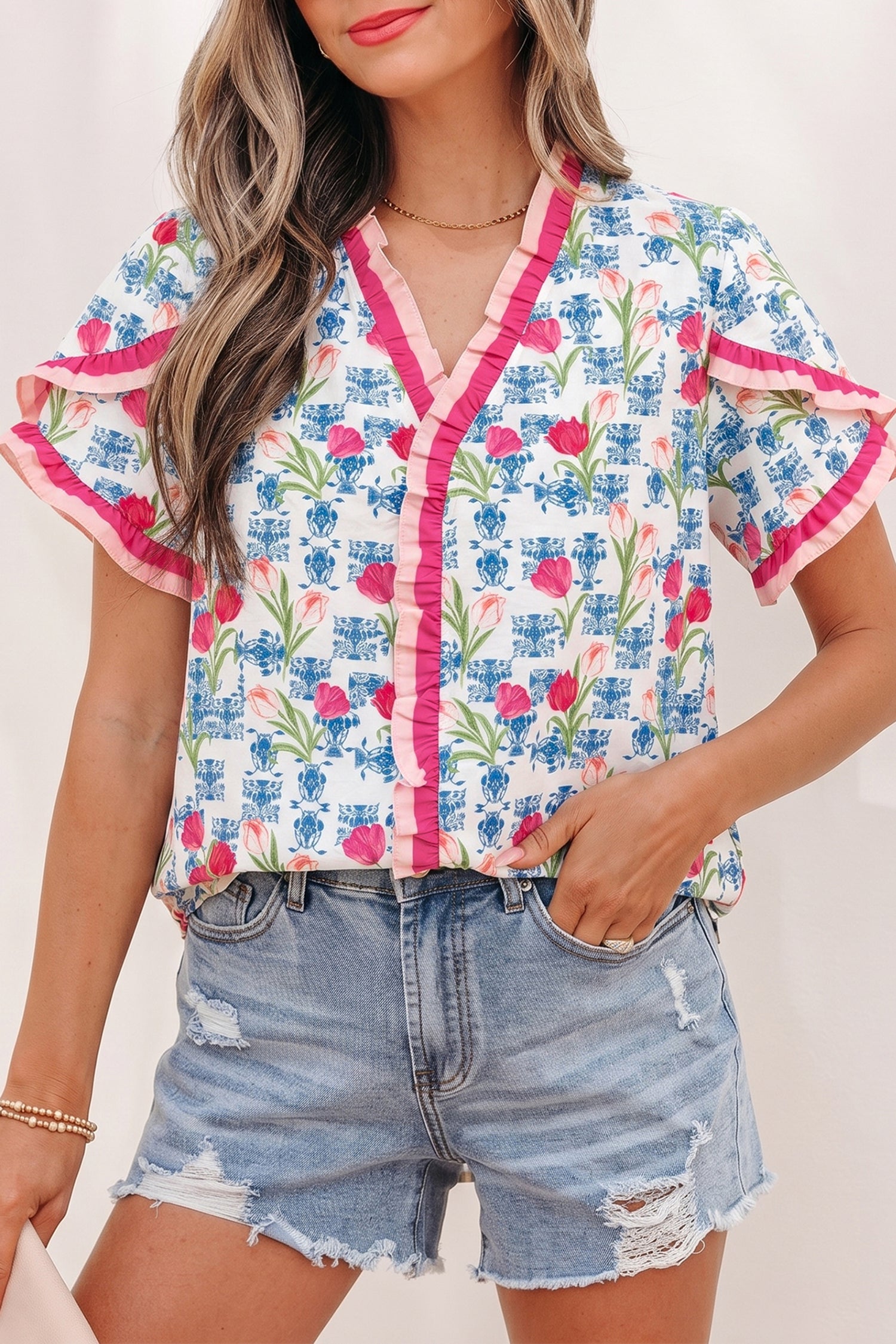 Floral Ruffle V-Neck Short Sleeve Tunic Shirt