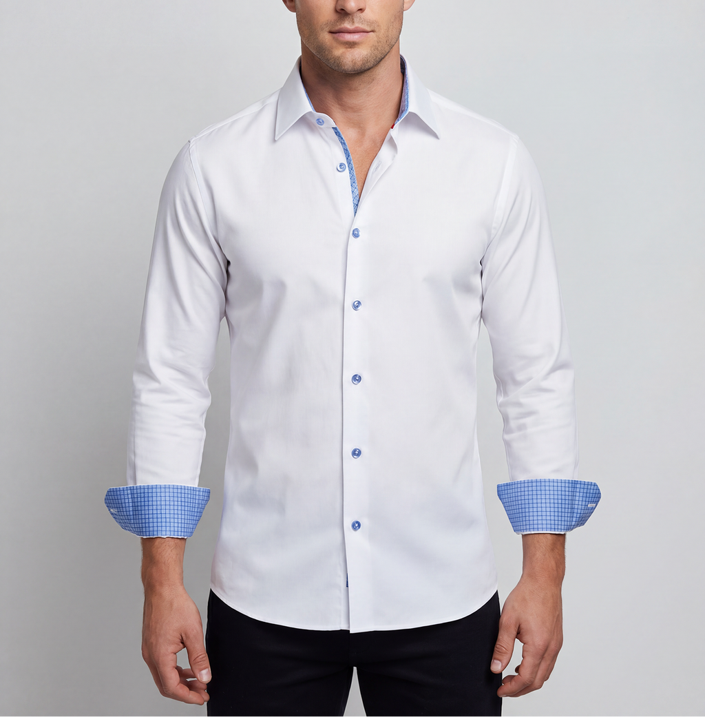 Edward// // Cotton Knit-Stretch Button-Up Shirt With Contrast Details // White // Tailored Fit (Fitted)